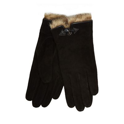 Black faux fur trim suede gloves